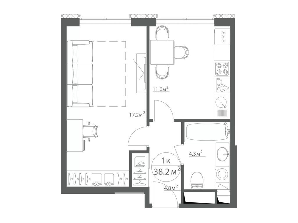 Проект 1 комнатной квартиры 38 кв м